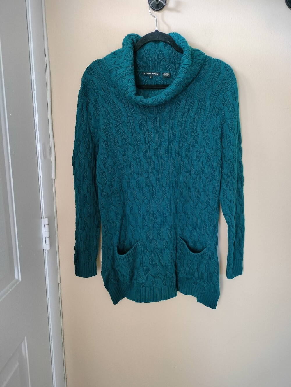 Jeanne Pierre Cotton Cable Knit Front Pockets Cowl Neck Sweater Tunic Teal L